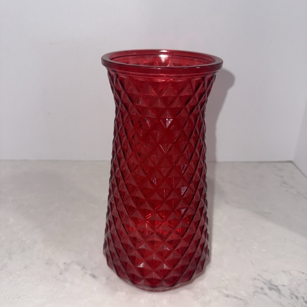 Vintage AE LUXE RED Floral Pressed Glass 9.75" Vase Textured Mid Century